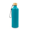A drink bottle in a vibrant teal colour with a bamboo lid and a carrying strap. It features a logo.