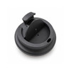 A black coffee cup lid designed for a reusable coffee cup, featuring a sliding opening.