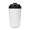 A reusable coffee cup in white with a black lid and a logo, designed for convenient beverage transport.