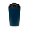 A reusable coffee cup in a deep blue hue with a black lid and a logo on the side.