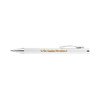 A white plastic pen with a silver clip, featuring a logo on the barrel.