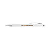 A white plastic pen with a shiny silver clip and a logo on the barrel.