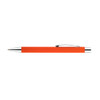 An orange aluminium pen with a silver clip and tip, featuring a logo on its surface.