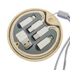A circular wooden kit containing four eco-friendly charging cables in grey and white. It has an embedded logo.