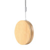 A round, bamboo charging cable kit with a grey hanging loop, designed for eco-friendly use.