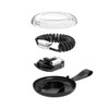A black coiled charging cable kit with multiple components, including a clear cover and a base, featuring a logo.