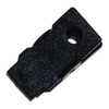 A black plastic alligator clip with a textured surface and a hole for attachment. It features a simple design.