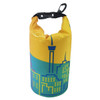 A 2L full colour dry bag in yellow and teal featuring a city skyline and a black strap with a clip.