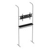 A grey monitor mount and shelves stand with a black shelf, designed for exhibitions and events.