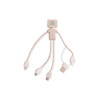 A wheat straw charging cable shaped like a man, featuring multiple connectors in a light beige colour. It has a logo.
