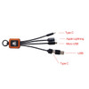 A square-shaped light-up charging cable in black and orange, featuring Type C, Apple Lightning, and Micro USB connectors.