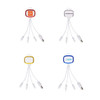 A set of LED charging cables with multiple connectors, featuring red, yellow, blue, and white colour variations. Each has a logo.