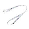A polyester lanyard charging cable in white with a clip and a logo design printed along the length.