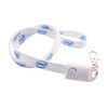 A white polyester lanyard featuring a logo and a clip for attaching items.