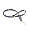 A black polyester lanyard with a clip, featuring a repeated logo pattern.
