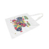 A white cotton bag featuring a colourful graphic design and long handles. It has a logo prominently displayed.