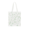 A light green cotton tote bag featuring various fruit illustrations and long handles.