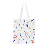A long handle cotton bag with a white background featuring abstract designs in red and blue. It has a logo.
