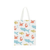 A cotton bag with a white background featuring colourful aquatic creatures like fish, crabs, and bubbles, and has short handles.
