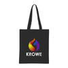 A black cotton tote bag with long handles featuring a colourful logo design.