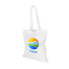 A white long handle cotton bag featuring a colourful logo and spacious design.
