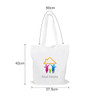 A white tote bag with long handles featuring a logo, measuring 80cm by 42cm and 37.5cm wide.