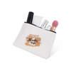 A rectangular canvas cosmetic bag in white, containing various beauty products and a brush, featuring a logo.