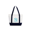 A small canvas tote bag in white and navy blue, featuring a logo on the front.