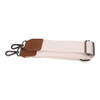 A canvas tote bag strap in beige with brown leather accents and metal clips.
