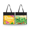 A wide non-woven tote bag featuring a vibrant summer-themed design on one side and a nature scene on the other, both with a logo.