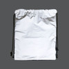A reflective drawstring bag in white with black cords, featuring a simple design and a logo.
