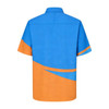 A short-sleeved men's shirt in vibrant blue and orange with a colourful abstract design at the back. It features a logo.