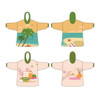 A wearable blanket in soft hues, featuring tropical beach scenes and a logo, with a green hood and cuffs.