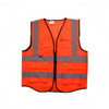 A bright orange unisex hi-vis vest featuring reflective tapes and multiple functional pockets, with branding.