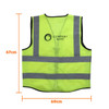 A bright yellow unisex hi-vis vest featuring reflective tape and functional pockets, with a logo on the front.