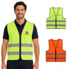 A hi-vis vest in fluorescent yellow and orange, featuring horizontal reflective tape and a logo. Ideal for workwear.