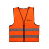 An orange hi-vis vest with horizontal reflective tape and a logo on the front. Suitable for various work environments.