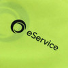 A vibrant yellow fabric featuring a logo and text. Suitable for high-visibility workwear.