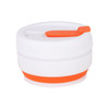 A drink bottle featuring a collapsible design in white with an orange band and lid. Includes a logo.