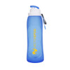 A blue collapsible silicone drink bottle with a carabiner and a logo on the side.