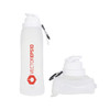 A drink bottle in white silicone, featuring a logo and a collapsible design for easy storage.