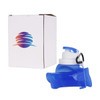 A blue collapsible silicone drink bottle next to a box featuring a logo.