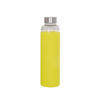 A drink bottle featuring a clear glass body with a bright yellow silicone sleeve and a stainless steel lid.