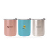 A drink bottle set featuring three 10oz stainless steel tumblers in rose gold, blue, and silver, each with a logo.