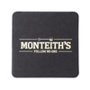 A square black cork coaster featuring a logo and text in a light colour.