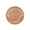A round cork coaster featuring a white shell illustration on a natural cork background.