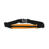 A running belt in black and orange with a zippered pocket and adjustable strap. Features a logo.