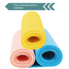 A collection of three fitness resistance bands in yellow, pink, and blue, featuring a branding logo.