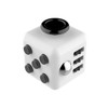 A white fidget cube with black buttons and a shiny steel ball, featuring various tactile surfaces and a logo.