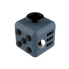 A blue fidget cube featuring various buttons, switches, and a shiny silver ball, with a black top.